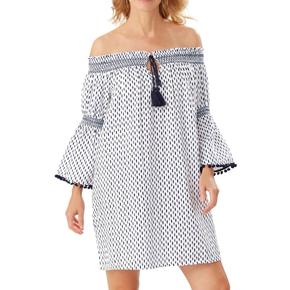 Tommy Bahama Dress Small‎ Off The Shoulder White Blue Print Tassel Boho Size S
